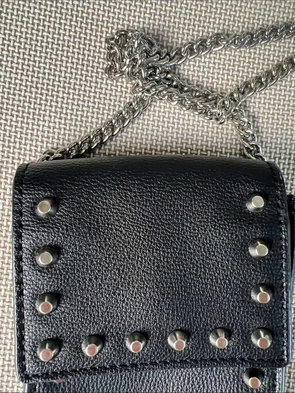 Twin-Set Black Leather Studded Crossbody Phone Case with Silver Chain